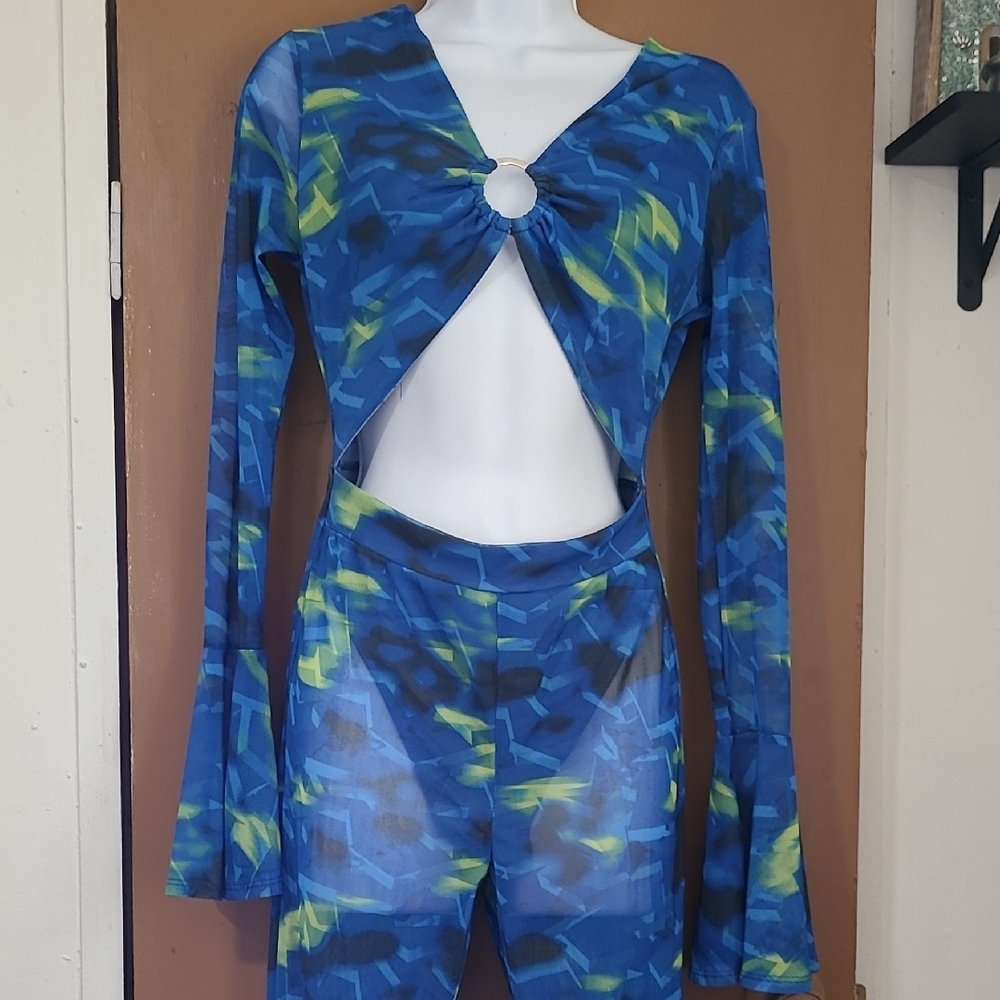 Fashion Nova Blue and Green Jumpsuit with Ring Detail